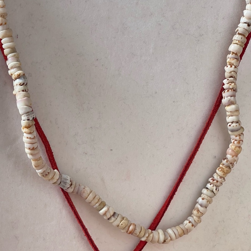 Four Necklaces - Red Cord Shell, Beads, tokens and chains. Y2K